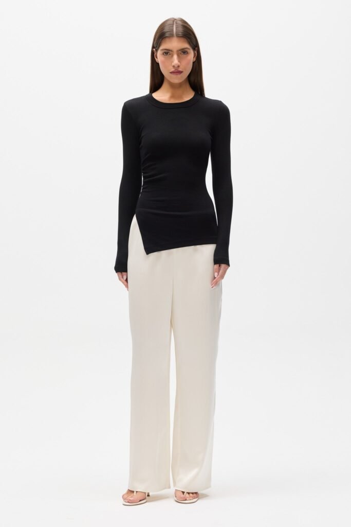 LANA LONG SLEEVE ROUCHED TEE - BLACK 1